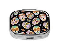 Sugar Skulls Butterfly Print Square Metal Pill Box Decorative Pill Case - Carry Your Meds in Style (Rectangular)