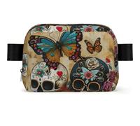 Sugar Skulls Butterfly Print Unisex Waist Bag Wear-Resistant Belt Bag Hip Bag with Adjustable Strap for Hiking and Travel