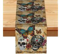 sugar skulls butterfly Vintage Style Table Runner 13x72in, Soft Printed Centerpieces for Tables, Kitchen, Countertops & Dining Area Home Decor