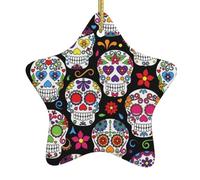 Sugar Skulls Christmas Ceramic Star Ornament with Hanging Cord, Double-Sided Print Hanging Decoration for Home & Tree