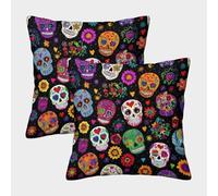 Sugar Skulls-colorful Folk Art Pillow Covers 2 Pack Cozy Pillowcase Available All Seasons Cushion Cover with Zipper Decor for Couch Livingroom 45x45cm