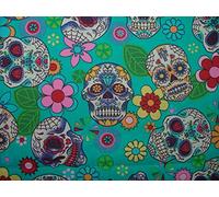 Sugar Skulls Day of The Dead 100% Cotton Poplin Fabric Rose & Hubble Material (Turquoise, Per Full Metre)