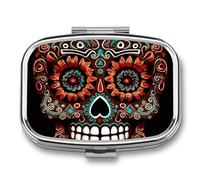 Sugar Skulls Day of The Dead 2 Compartment Pill Box, Portable Pill Organizer for Pocket or Purse, Decorative Metal Medicine and Vitamins Organizer