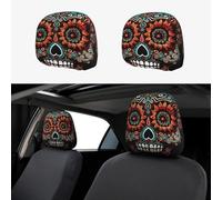Sugar Skulls Day of the Dead Car Headrest Cover 2 PCS, Funny Auto Front Seat Head Rest Protector, Universal Car Headrest Protector Elastic, Personalized Seat Cover Headrest Trim for Most Cars