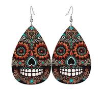 Sugar Skulls Day of the Dead Leather Earrings Dangle Drop Earring Lightweight Teardrop Earrings Vintage Bohemian Earring for Women Christmas Birthday Gift Fashion Jewelry