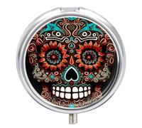 Sugar Skulls Day of The Dead Pill Box Cute Round Small Pill Organizer Portable with 3 Compartments Travel Metal Pill Case for Pocket Or Purse Privacy Protecting Medicine Box