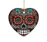 Sugar Skulls Day of The DeadChristmas Tree Heart Ornaments Rustic Ceramic Xmas Tree Penadnt with Hanging String Vintage Double-Sided Holiday Party Ornaments for Xmas Gifts