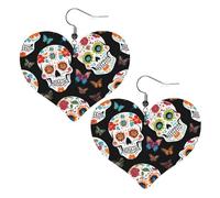 Sugar Skulls Elegant Leather Heart-Shaped Earrings-Fashionable And Unique Accessories For Everyday Wear