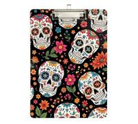 Sugar Skulls Floral Black Acrylic Clipboard Decorative Clipboard A4 Standard Size Clip Board with Low Profile Metal Clip for Nurses, Lawyers, Doctor Offices