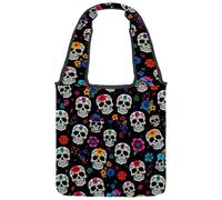Sugar Skulls Floral Reversible Canvas Shoulder Tote - Double-Sided Print, 12oz Cotton, 27cm Drop, Fold-Flat Bag for Travel, Shopping, Street Outings