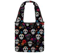 Sugar Skulls Florals Reversible Canvas Shoulder Tote - Double-Sided Print, 12oz Cotton, 27cm Drop, Fold-Flat Bag for Travel, Shopping, Street Outings