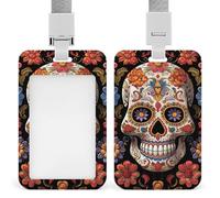 Sugar Skulls Id Badge Holder with Lanyard, Clear Vertical Card Protector Waterproof, Breakaway Safety Neck Strap, Heavy Duty Name Tag Holder for Nurse Teacher Officer Staff Women Men