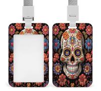 Sugar Skulls ID Badge Holder with Lanyard Vertical Plastic Card Case Protector Pouch with Clear Window Detachable Name Tag Clips for Nurse Doctor Teacher Office Use