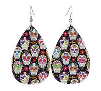 Sugar Skulls Leather Earring For Women Teardrop Dangle Printed Fashion Accessories Daily Wear Party