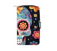 Sugar Skulls Leather Wallet,Multiple Card Slots Clip,Multi-Functional Slim Billfold For Men Women