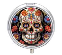 Sugar Skulls Medicine Pill Case, 3 Compartment Round Pill Box, Portable Decorative Medicine Organizer for Pocket Or Purse Vitamin Organize
