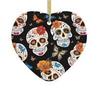 sugar skulls Personalized Custom Heart-Shaped Ceramic Ornaments Christmas Hanging Pendant Xmas Tree Decor for Holiday Wedding, Party Supplies Keepsake Gifts 1 pc