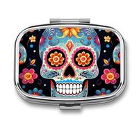Sugar Skulls Pill Box 2 Compartment Portable Travel Pill Case with Mirror Square Metal Medicines Storage Container Pocket Medicine Box to Hold Vitamins Fish Oil