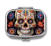 Sugar Skulls Pill Box 2 Compartments Portable Travel Pill Case Mini Medicine Organizer for Pocket Purse Metal Waterproof Medicine Container Holder Vitamin Fish Oil