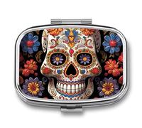 Sugar Skulls Pill Box, 2 Compartments, Square Pill Container, Portable Pocket Pill Box or Pill Organizer to Hold Vitamins, Medicine, Fish Oil, etc