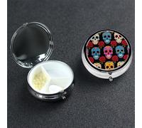 Sugar Skulls Pill Box 3 Compartment Waterproof Pill Container with Mirror Metal Medicine Box Organizer Portable Vitamin Case for Pocket & Purse Travel - Round