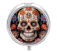 Sugar Skulls Pill Box,3 Compartments Round Small Pills Case Moisture-Proof Portable Pill Container for Travel Vitamins Fish Oil Supplements