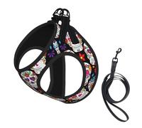 Sugar Skulls Print Adjustable Harness Leash Set For Cats And Dogs, Soft Breathable Kitten Puppy Mesh Vest With Reflective Design, Escape-Proof Lead For Small Pets Walking Training