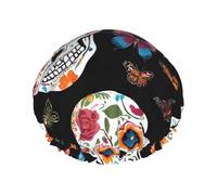 (sugar skulls) Print Double Layer Waterproof Shower Cap for Long Hair - Reusable Bath Hair Protection with Elastic Band for Women Travel.
