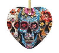 Sugar Skulls Print Heart Shaped Ceramic Doublesided Christmas Ornament Festive Home Xmas Tree Decor