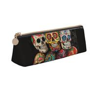 Sugar Skulls Print Large Capacity Leather Pencil Case Smooth Zippered Pen Pouch School Travel Makeup