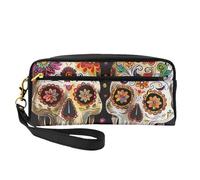 Sugar Skulls Print Leather Makeup Bag Wash Bag Travel Toiletry Bag Makeup Pouch PU Leather for Traveling Essentials, Bathroom, Cosmetics