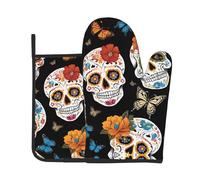 Sugar Skulls Print Oven Mitts And Pot Holders Sets Women Men Home Cooking Baking Microwave Bbq Gift