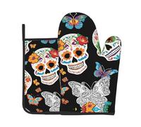 Sugar Skulls Print Oven Mitts And Pot Holders Sets Women Men Home Cooking Baking Microwave Bbq Gift