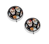 Sugar Skulls Print pilldispenser, Round Organizer, 3 Compartment Small Case for Purse & Pocket, Portable Medicine Box for Travel