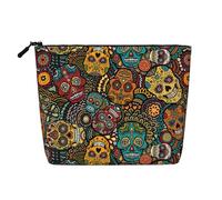 Sugar Skulls Print Portable Makeup Case Fake Hemp, Women's Travel Organizer Large Capacity Zippered Pouch
