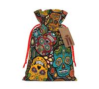 Sugar Skulls Print Printed Christmas Drawstring Bags with Red Christmas Ribbon - Reusable Burlap Drawstring Gift Pouches, S