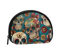 Sugar Skulls Print Printed Mini Coin Pouch, Shell Shape Zip Around Wallet, Small Zipper Pouch for Cash, Cards, Keys, Lipstick, Storage Pouch, Travel Organizer