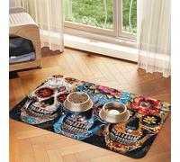 sugar skulls print PU Leather Feeding Mat for Dogs Cats Pet Food Mat Absorbent Non-Slip Rubber Bottom