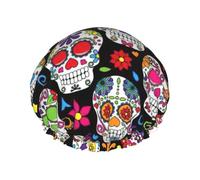 Sugar Skulls Print Shower Cap with Elastic and Reusable for Long and Short Hair, Double Layer Hair Hat
