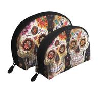 Sugar Skulls Print Small Purses 2Pcs Portable Coin Purse Makeup Bag Soft Vacation Pouch Change Holder Wallet with Zipper Portable for Shopping Travel Party Cosmetic Bag