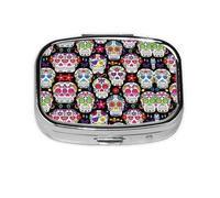 Sugar Skulls Print Square Metal Pill Box Decorative Pill Case - Carry Your Meds in Style (Rectangular)