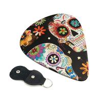 Sugar Skulls Printed Guitar Picks, 6 Pack with Leather Keychain Pick Holder - 0.46mm, 0.71mm, 0.96mm Assorted Thickness for Acoustic Ukulele, Electric Guitar, Acoustic Guitar, Bass
