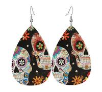 Sugar Skulls Printed Leather Earring For Women,Teardrop Dangle Earrings For Women Friends Valentine Birthday Party Christmas Gifts