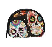 Sugar Skulls Printed Mini Coin Pouch, Shell Shape Zip Around Wallet, Small Zipper Pouch for Cash, Cards, Keys, Lipstick, Storage Pouch, Travel Organizer