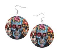 Sugar Skulls Printed Round Earrings For Women, 1 Pair Lightweight Leather Pierced Earrings Set Trendy Jewelry Gifts For Women Girls