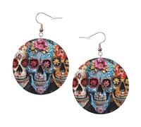 Sugar Skulls Printed Round Earrings For Women, 1 Pair Lightweight Leather Pierced Earrings Set Trendy Jewelry Gifts For Women Girls