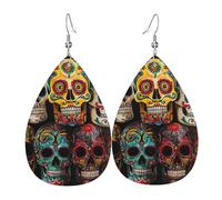 sugar skulls Printed Water Drop Earrings, Lightweight Leather Teardrop Dangle for Date and Party