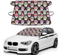 Sugar Skulls Printed Winter Car Protector, Waterproof Coated Snow Shield, Secure Mirror Strap Auto Cover