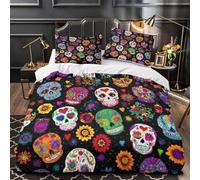 Sugar Skulls Quilt Cover 3D Design Printed Easy Care 3-Piece Bedding Set Zipper colorful Folk Comforter Cover Hotel Quality Breathable for Teens Adults Women Kids Girls Boys Single（135x200cm）