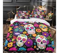Sugar Skulls Quilt Cover 3D Design Printed Easy Care 3-Piece Bedding Set Zipper colorful Folk Comforter Cover Hotel Quality Anti-allergic for Teens Adults Women Kids Girls Boys Single（140x200cm）